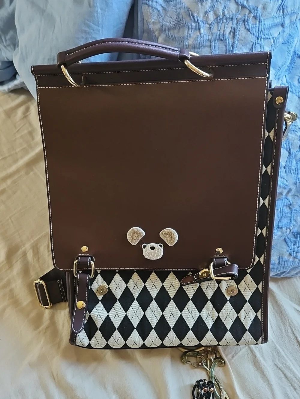 Brown Women's Backpack with Black & White Pattern